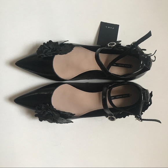 NWT Zara Leather Strappy Ballerinas w/ Flowers - Picture 6 of 8